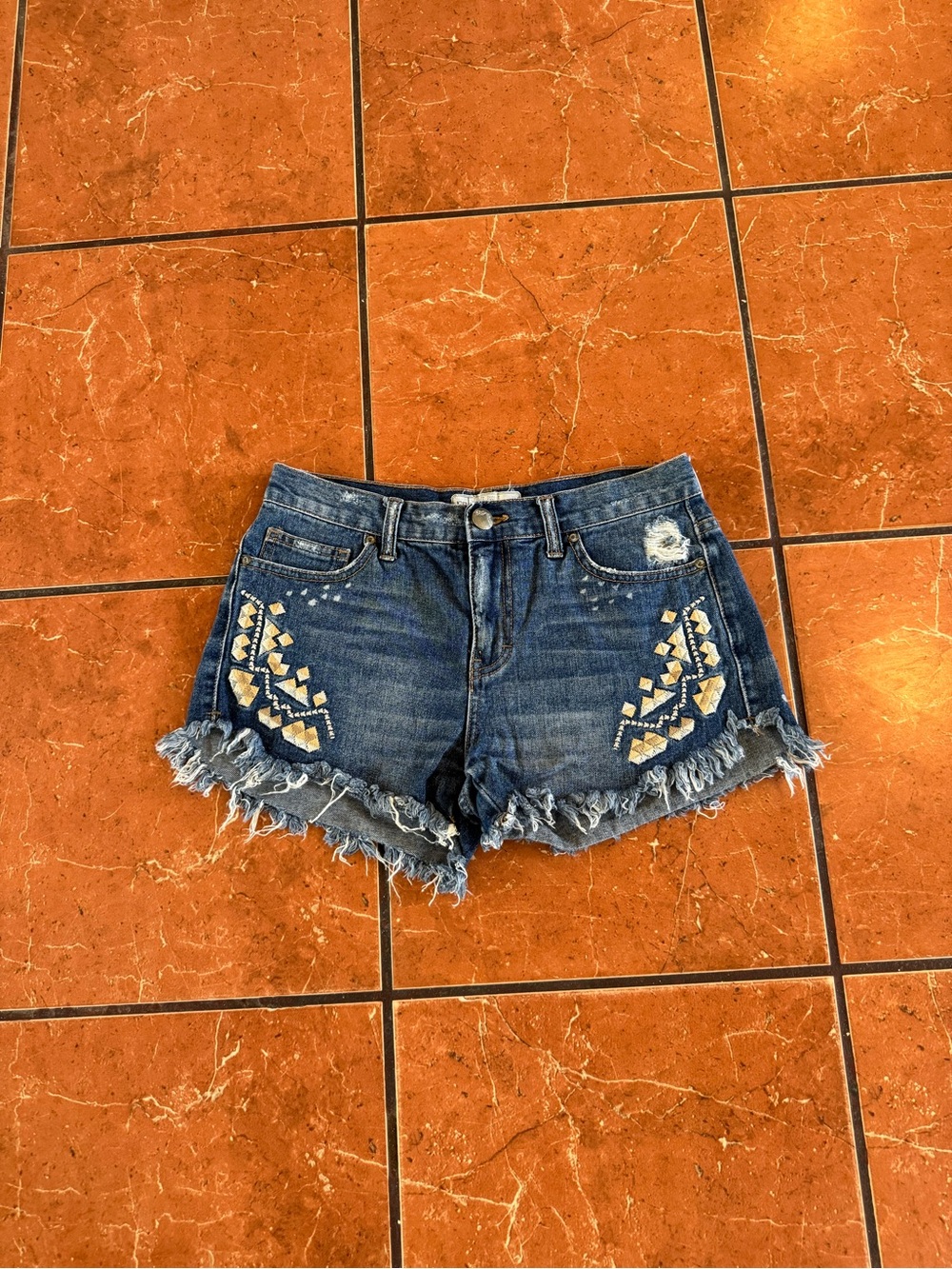 Free People Embroidered Frayed Denim Shorts Size 26 Boho Festival